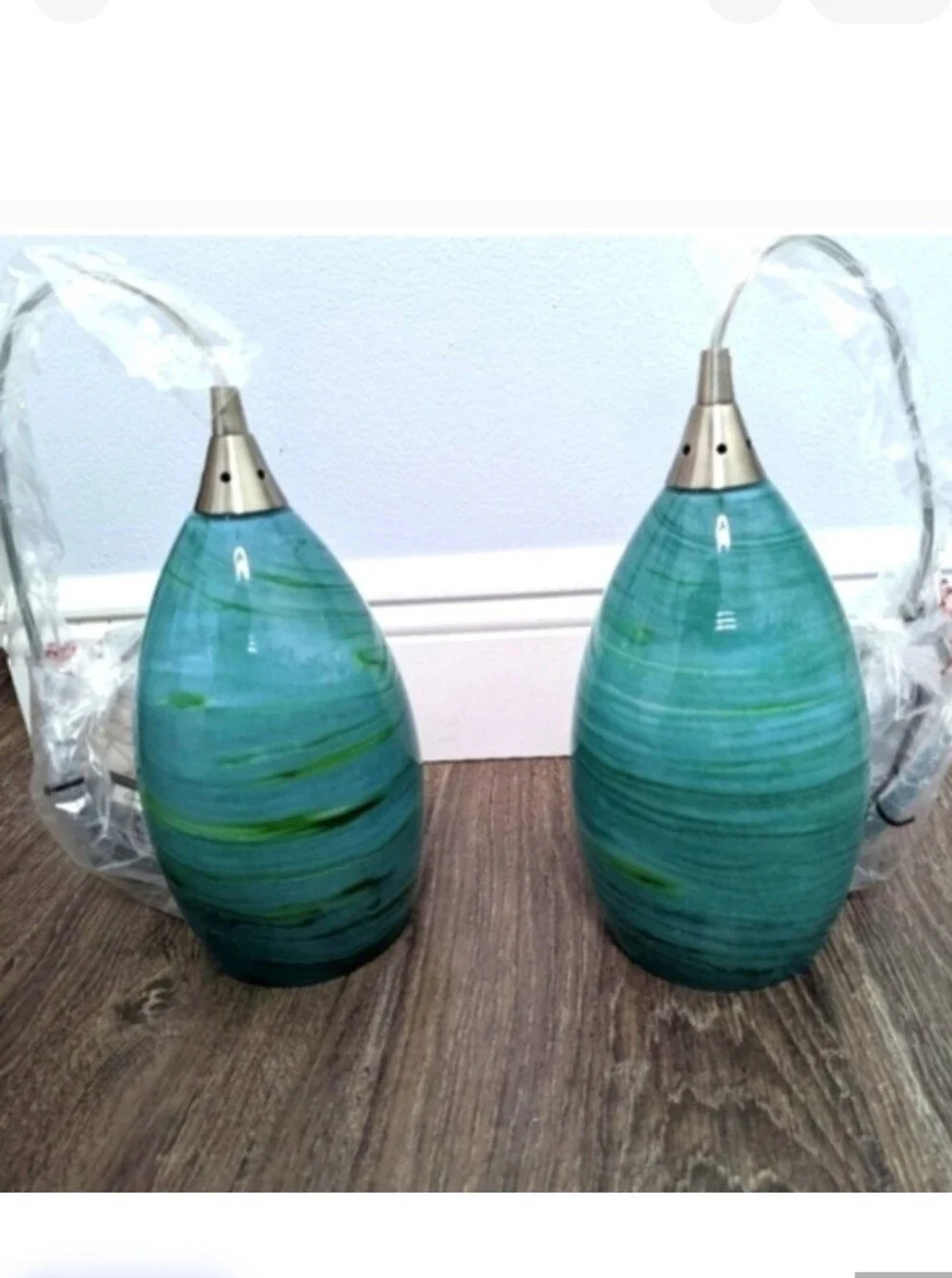 NEW 2 Art Glass accent Lights pendents Lamp Lighting Teal Green Blue By ELK